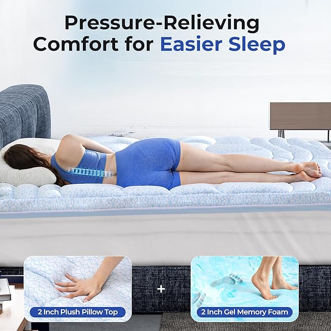 Dual Layer 4 Inch Cooling Memory Foam Mattress Topper Full Size, 2 Inch Thick Soft Quilted Ice Silk Pillow Top Cover Plus 2 Inch Gel Memory Foam Mattress Pad for Back Pain Relief