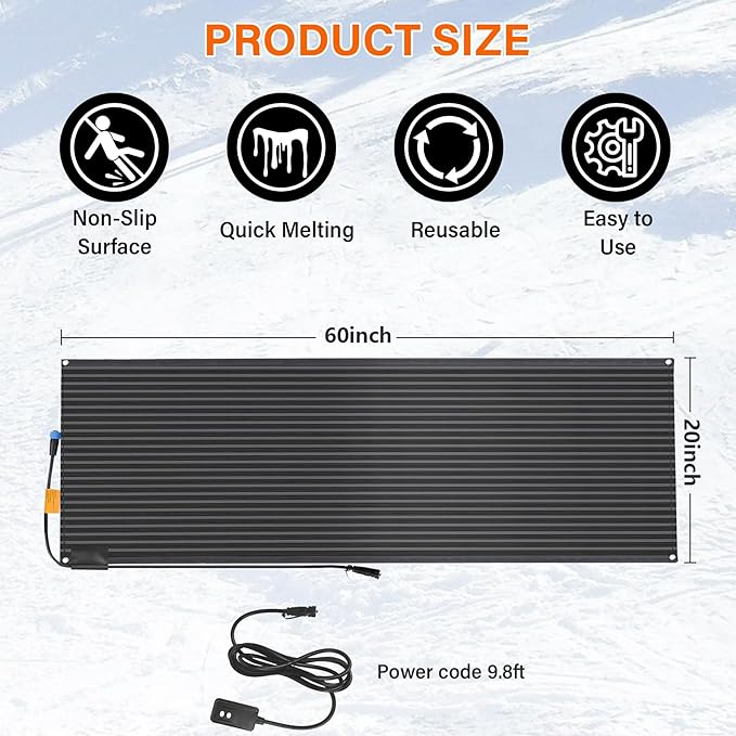 Snow Melting Mats Outdoor 20 x 60 inch, Non-Slip Heated Outdoor Mats 338W 120V, Heated Driveway Mats with UL and ETL Certificate Power Cord, Suitable for Most Entryways