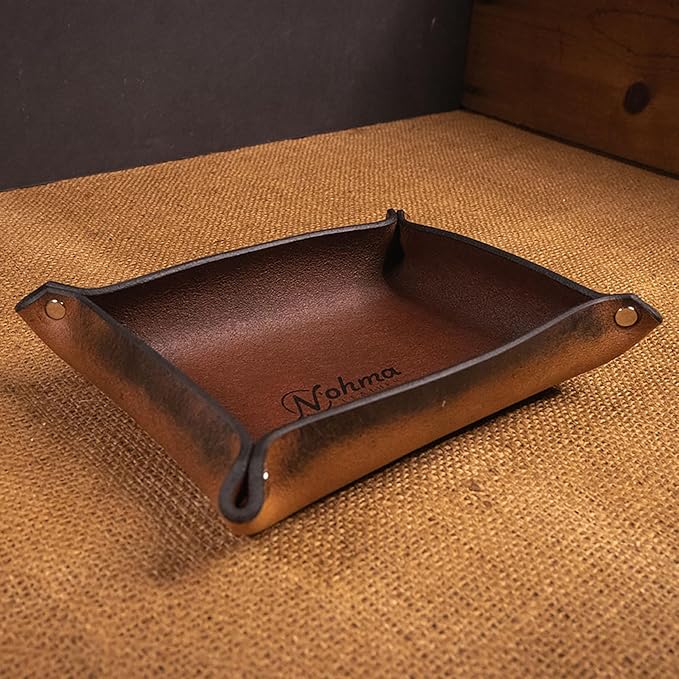 Valet Tray – Full-Grain Leather Catchall Organizer for Keys, Phone & Wallet – Rustic Nightstand & Desk Tray with Raised Sides – Handmade in USA (Vintage Brown, Small Rectangle)