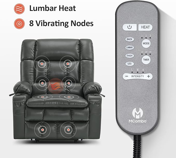 MCombo Dual Motor Power Lift Recliner Chair for Elderly, Lay Flat Lift Chair with Heat and Massage, Oversized Lift Recliner for Big and Tall, Faux Leather R7891 (Grey, Oversized)