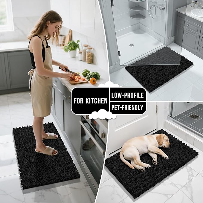Yimobra Bathroom Rugs Sets 2 Piece - Quick Dry Extra Thick Luxury Chenille Bath Mat, Non Slip Super Absorbent for Tub Shower Sink, Machine Washable Shaggy Floor Mat, 32"x20"+24"x17" Inch, Black