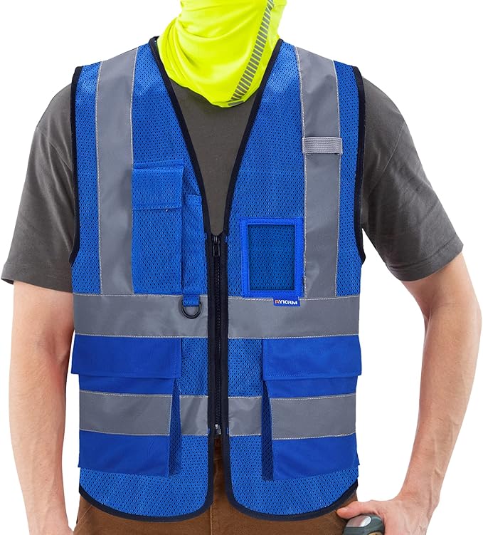 A-SAFETY High Visibility Mesh Safety Reflective Vest with Pockets and Zipper,Hi Viz Work Vest for Men Women (Blue Mesh 4XL-5XL)