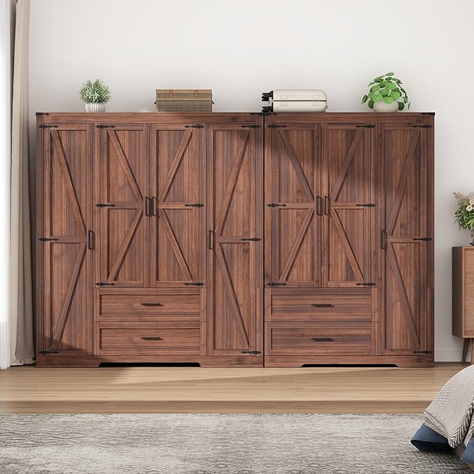 7 Doors Wardrobe Armoire Closet with Doors and Drawers, Farmhouse Wooden Armoire Storage Cabinet with Shelves & Hanging Rod for Bedroom, Brown