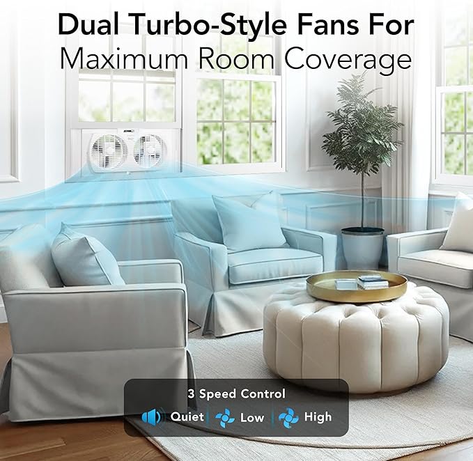 Comfort Zone Window Fan for Bedroom, 9 inch 3 Speed Dual Fans with Auto-Locking Expanders, Window Exhaust Fan, Removeable Bug Screen, White