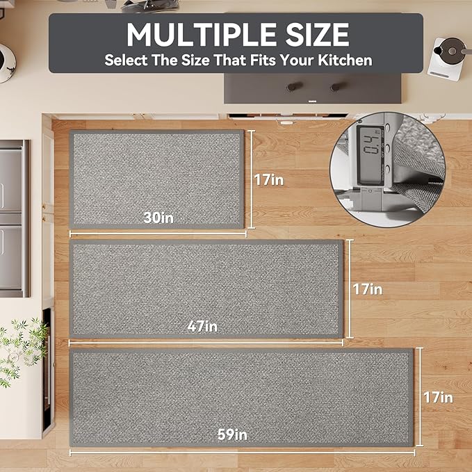 Anti Fatigue Kitchen Rugs Mat Non Slip Washable, 0.4" Thick Soft Cushioned Absorbent Kitchen Mats for Floor, Jute-Like Woven Laundry Standing Mats Sink Mat, Easy Clean Care, Gray 17"x30"
