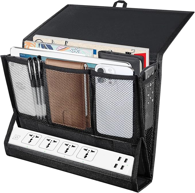 Bedside Caddy Hanging Bed Organizer Storage Bag Pocket with Power Strip Holder Multi-functional Organizer Caddy for Remotes Phone Glasses Magazines, Tablets, Accessories (7 pocket)