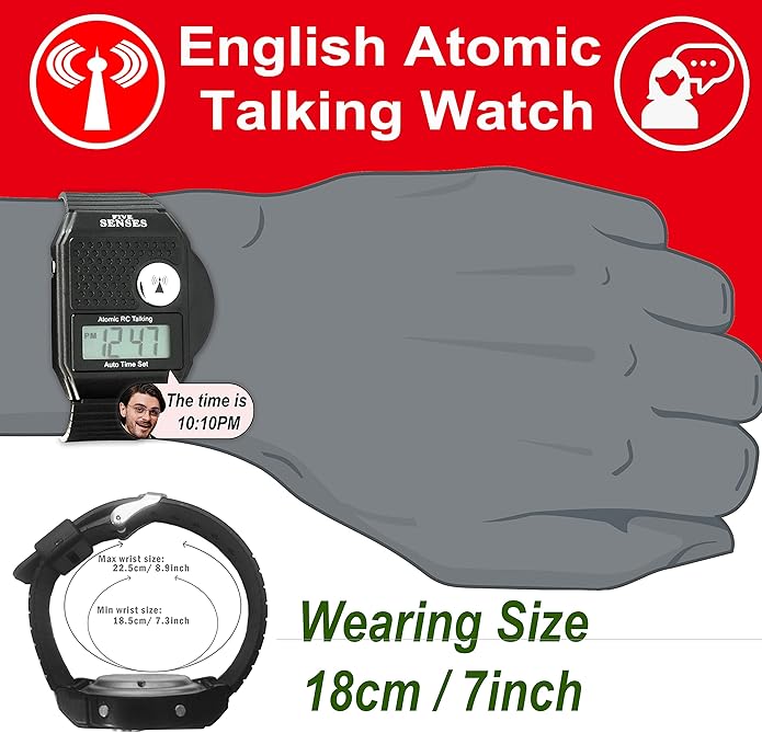 FIVE SENSES - English Atomic Talking Watch, Easy to use for Seniors Blind Men Women, Loud Talking Watch with Sound for Vision Impaired, Watches for Elderly Women, Blind People Products 1026