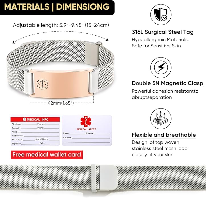 VNOX Medical Alert Id Bracelet for Men Women, Custom Engraving Adjustable Stainless Steel Customizable Mesh Emergency Survival Medic Bracelets Wristband Loop Band with Replacement Tag