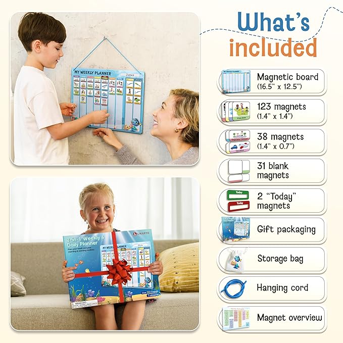 Visual Schedule for Kids - 2-in-1 Weekly + Daily Schedule - Magnetic Schedule with 194 Magnets and Magnetic Backing - Chore Chart Kids - Routine Chart for Toddlers, Autism, ADHD - Blue