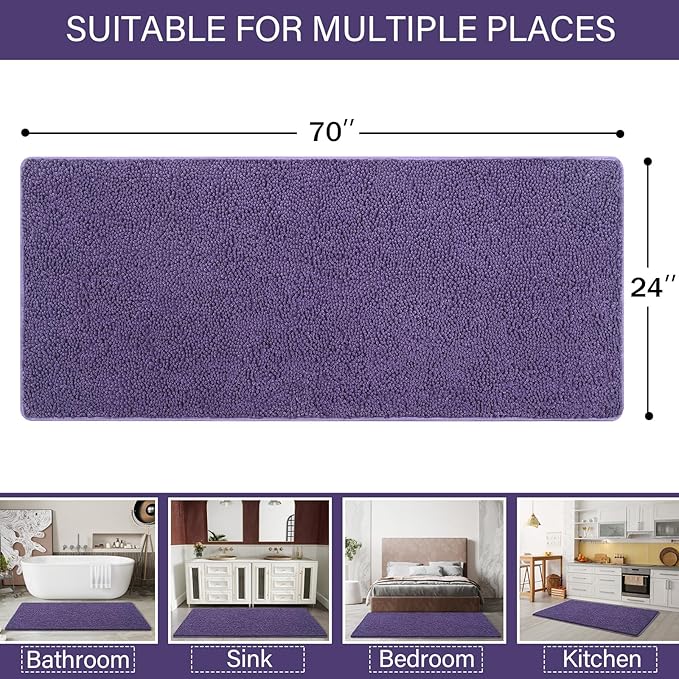 LOCHAS Luxury Bathroom Rug Shaggy Bath Mat 24 x 70 Inch, Washable Non Slip Bath Rugs for Bathroom Shower, Soft Plush Chenille Absorbent Carpets Mats, Dark Purple