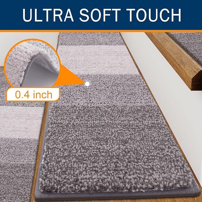 OLANLY Stair Treads Non Slip 15PCS, 8" x 30" Indoor Stair Runners for Wooden Steps, Edging Stair Rugs with Reusable Peel and Stick Adhesive for Kids Elders and Pets, Light Grey
