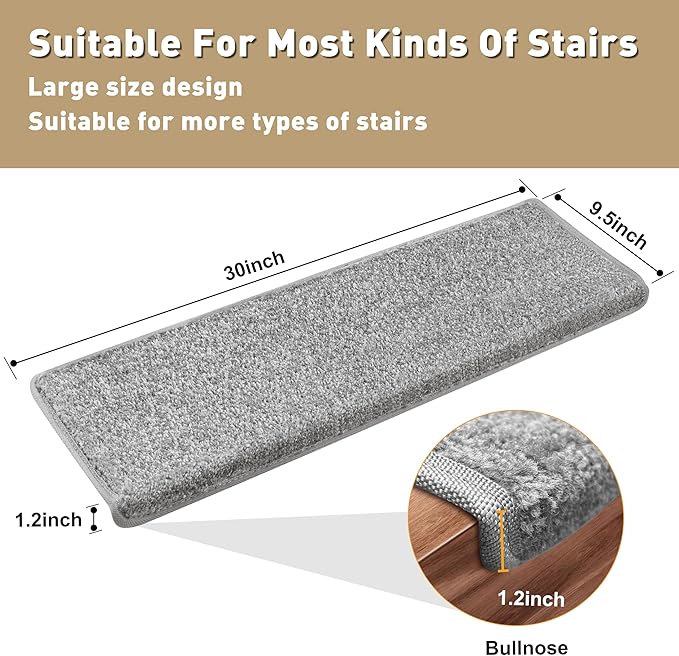 PURE ERA Bullnose Carpet Stair Treads Set Tape Free Non-Slip Indoor Stair Protectors Pet Friendly Rugs Covers Soft Skid Resistant Washable Reusable 9.5" x 30"(7 Pieces,Light Gray)