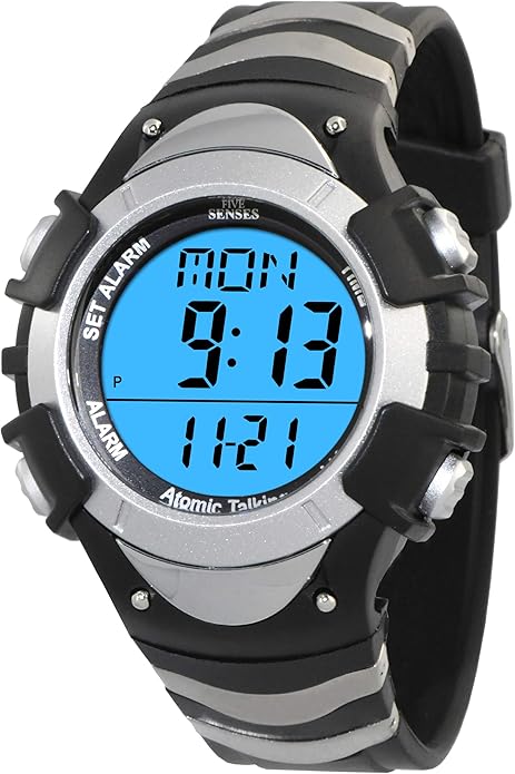 FIVE SENSES Atomic English Talking Watch for Seniors Men and Women Talking with Day-Date Loud Alarm Clock Visually Impaired (Silver)