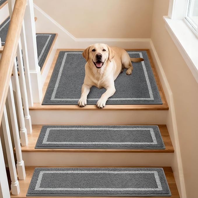 COSY HOMEER Stair Landing Rug 30x30 Inch, Non-Slip Square Landing Mat for Wood Steps Indoor, Washable Polyester with TPE Backing, Grey
