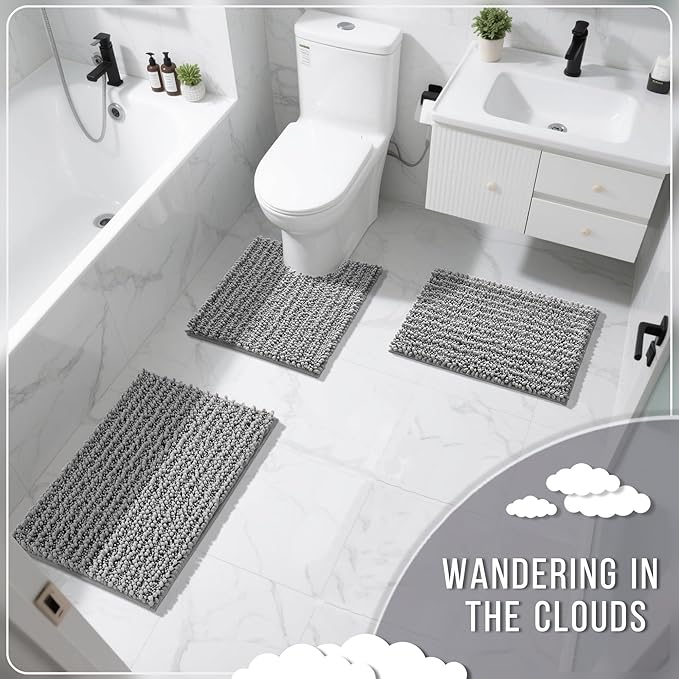 Yimobra Bathroom Rugs Sets 2 Piece - Quick Dry Extra Thick Luxury Chenille Bath Mat, Non Slip Super Absorbent for Tub Shower Sink, Machine Washable Shaggy Floor Mat, 24"x17+24"x20" Inch, Grey