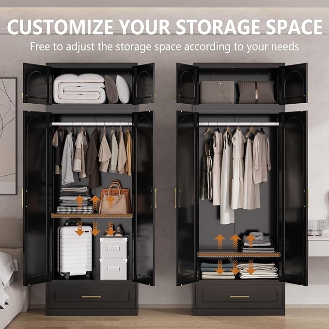Metal Armoire Wardrobe Closet witih Drawer, Freestanding Wardrobe Cabinet with Hanging Rod, Clothing Storage Cabinet with Doors for Bedroom, 18" D x 32" W x 86" H, Black, Assemble Required