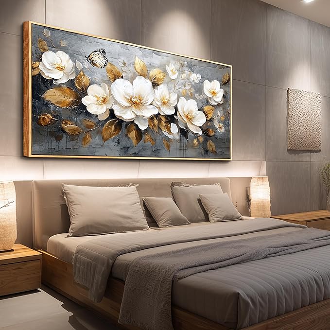 FUHAIHUA Wood Framed Canvas Wall Art For Living Room Large Wall Decor For Office Bedroom Decoration White Flower Pictures Farmhouse Painting Artwork Room Wall Mural Aesthetic Home Decor 32x72
