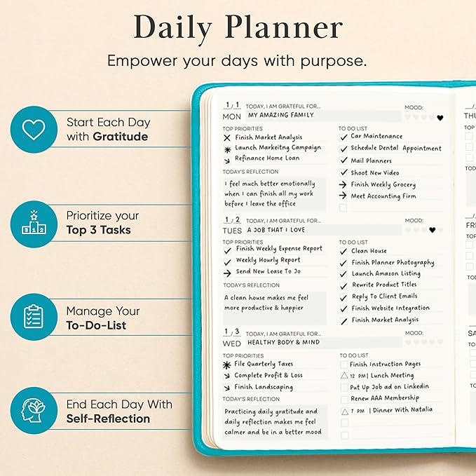 2026 Planner, Daily Journal & Gratitude Journal All-In-One with To Do List, Self Care Prompts & Habit Tracker - 5.8 x 8.3 - Teal