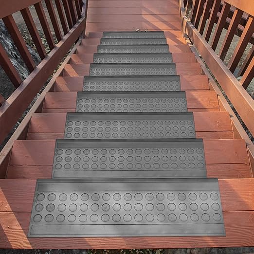 Ottomanson All-Weather Bullnose Rubber Stair Treads – Non-Slip Step Mats for Wooden, Concrete, or Outdoor Stairs, Easy Maintenance, Tool-Free Placement, Pack of 5, 10" x 30", Black Coin