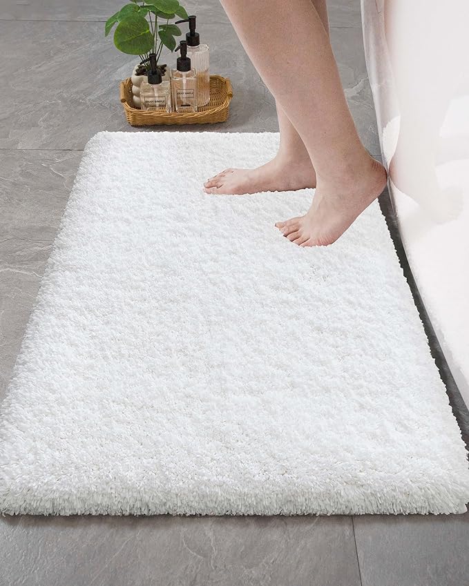 Bathroom Rugs, Ultra Thick Shaggy Soft Microfiber Absorbent Bath Rug, High Density Foam Latex Non Slip Backing, Machine Washable Bath Mats for Bathroom Floor & Sink 24x17, White