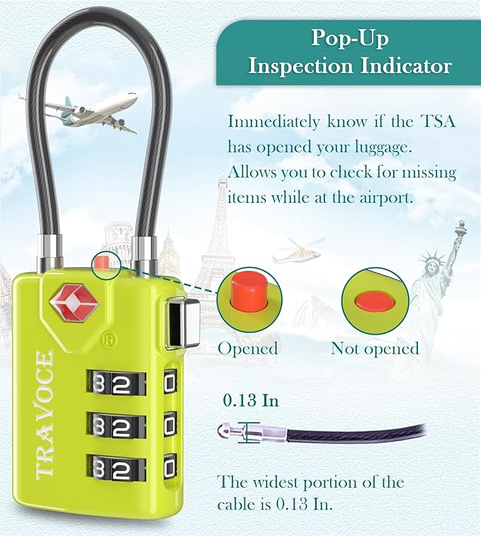 Search Alert TSA Approved Travel Combination Luggage Cable Locks for Suitcase, Gym Locker,Toolbox,Backpack 1,2,4,6 &10 pk (Lime 2 Pack)