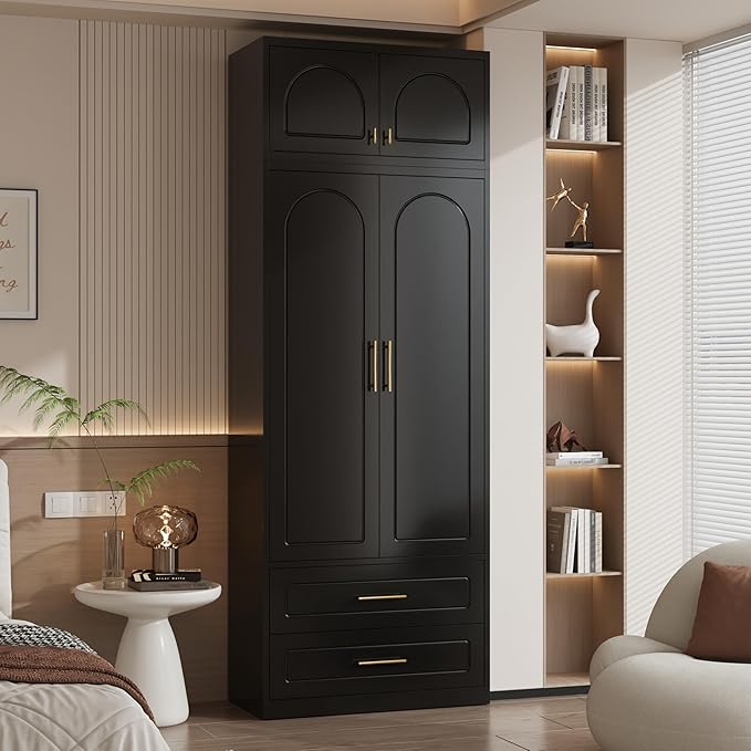 Metal Armoire Wardrobe Cabinet, 86" Tall Wardrobe Closet with Doors, Black Clothing Storage Cabinet with Hanging Rod, Large Armoire for Bedroom, Office, School, Gym