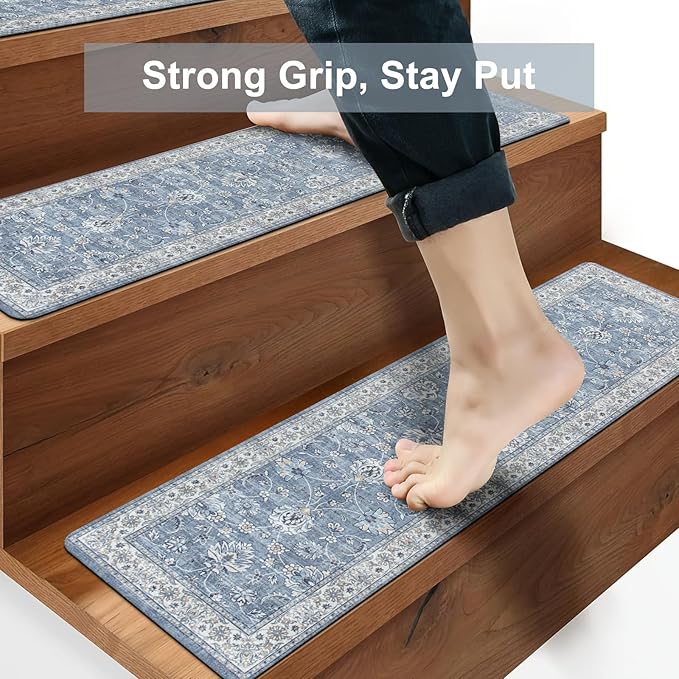 OJIA Non-Slip Stair Treads - 30"x8" Washable Carpet Stair Treads with Slip Resistant Rubber Backing for Kids, Elders and Dogs, 4PCS, Blue