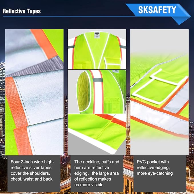SKSAFETY 10 Pockets Safety Vest, Class 2 High Visibility Security with Zipper Back Mesh, Hi Vis Vest with Reflective Strips, ANSI/ISEA Standard, Construction Work Vest for Men ＆ Women （Lime, M）