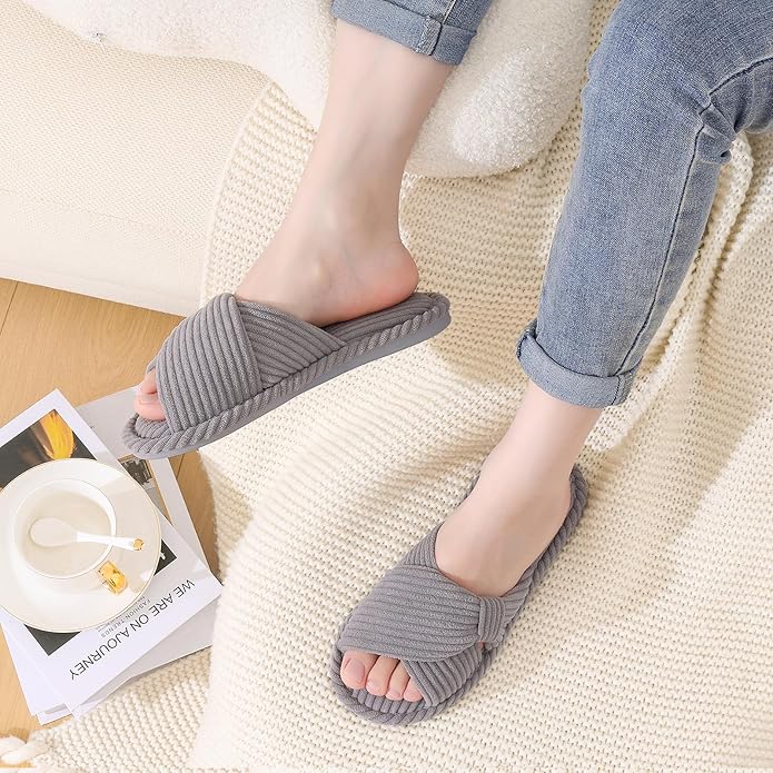 Evshine Fall House Slippers for Women Corduroy Cross Bow Indoor Slippers Open Toe Slip On Bedroom Shoes with Memory Foam