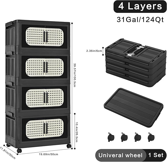 4 Tiers Folding Storage Cabinet,20" Side Wide Stackable Storage Bins with Doors and Wheels, Space Saving Plastic Cabinet for Living Room, Office, Dorm, Retro Black