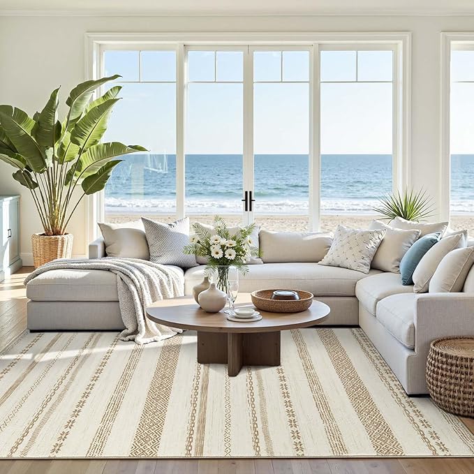 jinchan Moroccan Boho 8x10 Area Rugs for Living Room - Machine Washable Neutral Soft Throw Rug Bohemian Ripple Design Non-Slip Carpet for Bedroom Dining Room Home Office (8‘x10', Beige)
