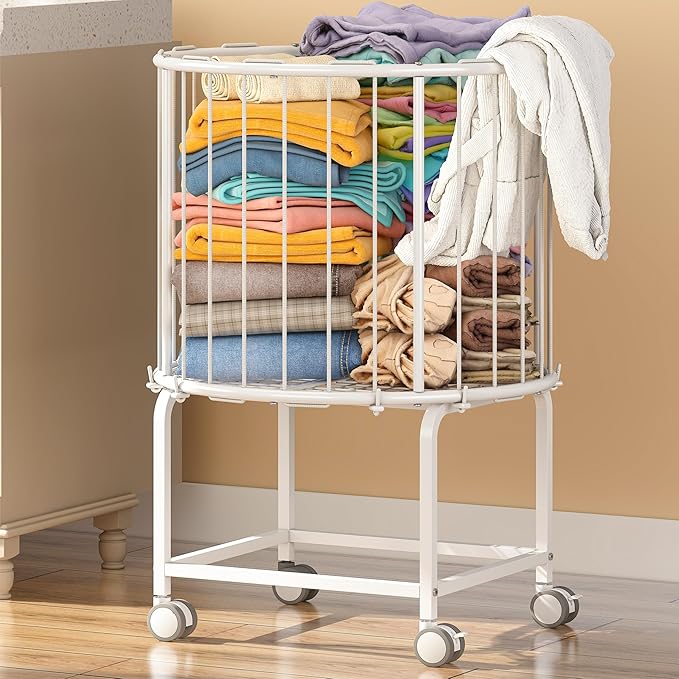 29-Gallon(110 L) Laundry Basket with Wheels,Rolling Round Metal Laundry Basket Cart with Elastic Cord,2 Locking Wheels-White
