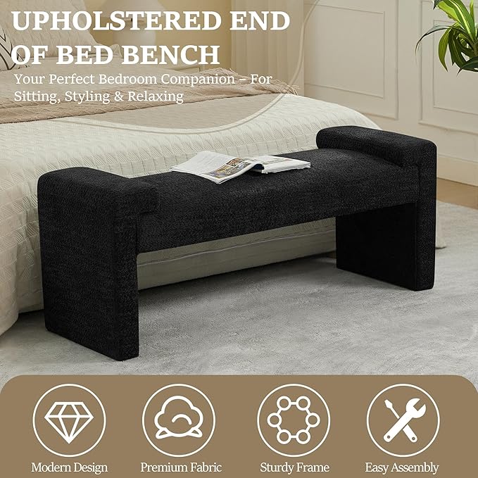 43" End of Bed Bench Upholstered Modern Bedroom Bench for Living Room & Entryway, Easy Assembly, Footrest Ottoman Accent Window Bench with Solid Wood Frame & Curved Arm, Black