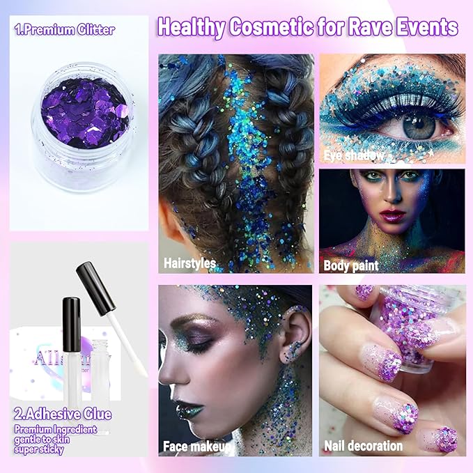 Allstarry Holographic Chunky Body Glitter 12 Colors Cosmetic Face Glitter Makeup Colorful Mermaid Sequins Hair Face Paint Sparkling Festival Outfits Rave Accessories for Women Makeup