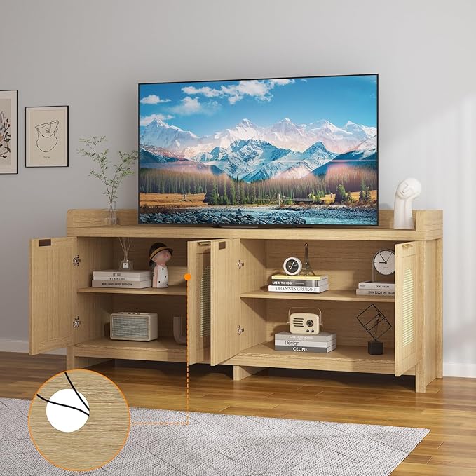 GarveeHome TV Stand for 65 Inch TV, Wood Entertainment Center with Glass Door Storage Cabinet, Entertainment Center Console Table for TV for Living Room, Natural