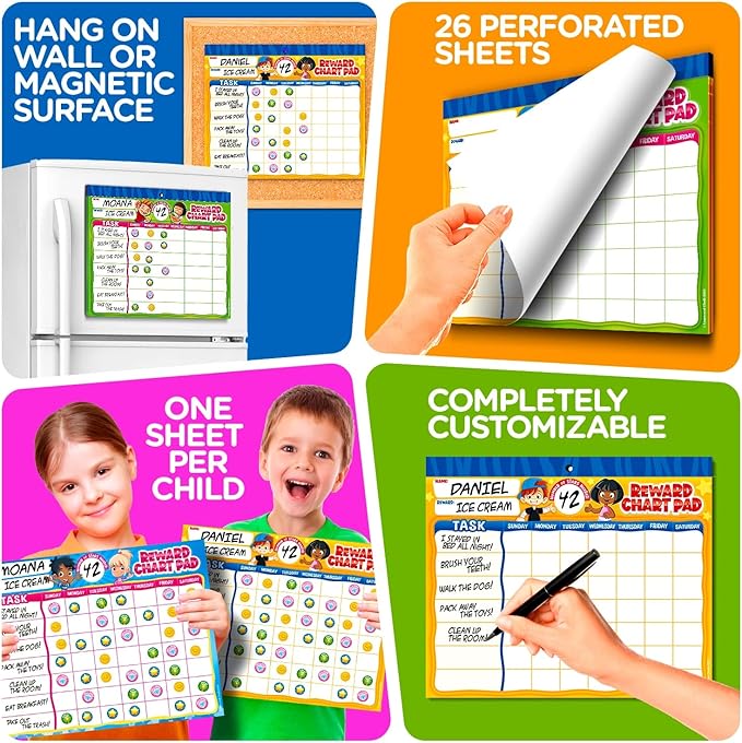 Behavior Reward Chart System - Pad with 26 Chore Charts for Kids, 2800 Stickers to Motivate Responsibility & Good Habits