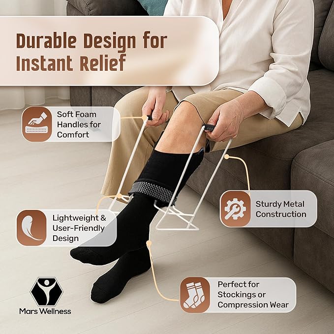 Mars Wellness Stocking Donner Sock Aid Tool for Compression Socks Men or Women - Large - Strong Metal Design with Soft Foam Grips - Dressing Aid Hip Kit Easy Use with Stockings and Compression Socks
