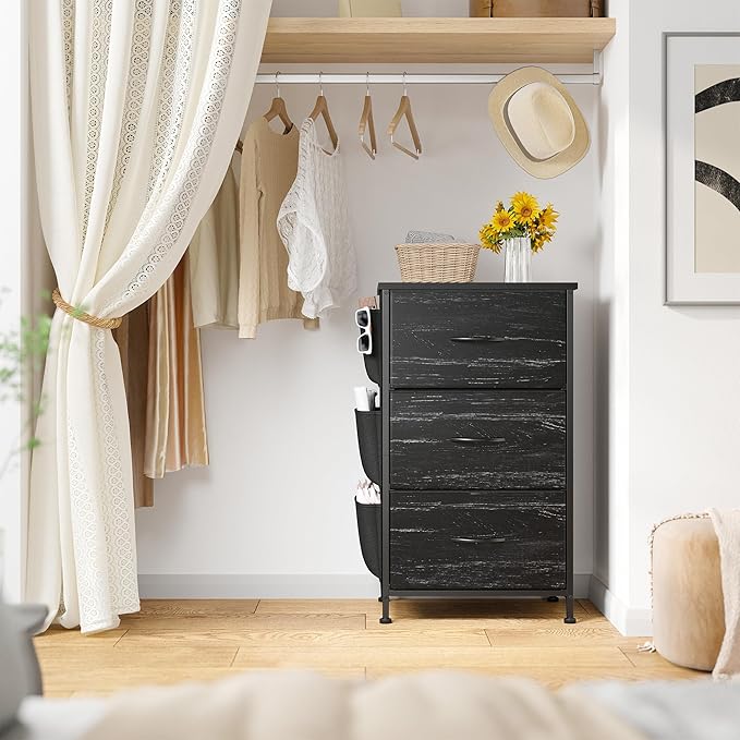 Night Stand Set 2, Night Stand with Drawers for Bedroom, Bedside Table with Wooden Top, Sturdy Steel Frame End Table, Dorm Nightstand for Bedroom, Entryway, Hallway, Closet, Cloth Bags, Hooks, Black
