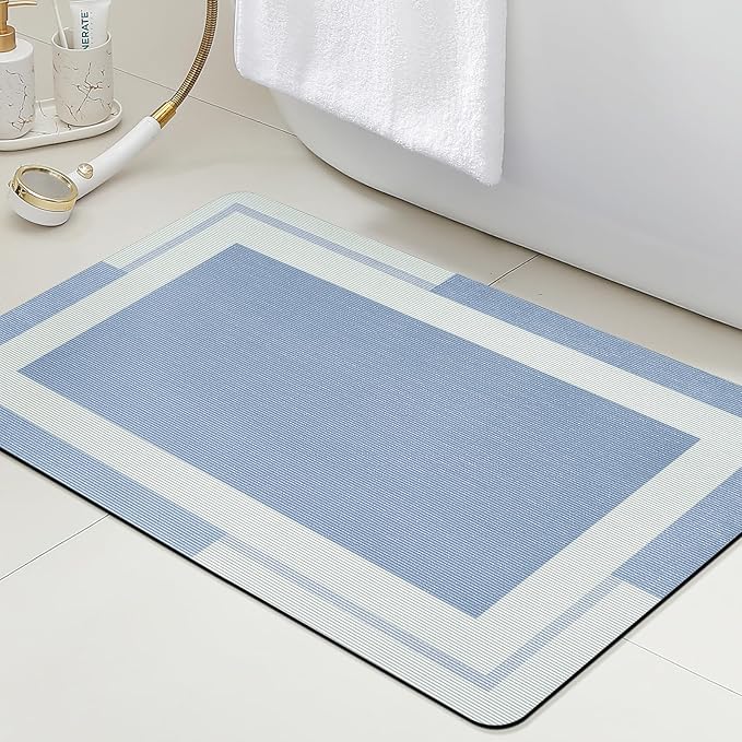 Ultra Thin Bath Mat, Upgrade Backing Non Slip Thin Bath Mats Fit Under Door, Quick Dry Ultra Absorbent Bathroom Rugs, Machine Washable Bath Rugs for Bathroom, Bathtub & Kitchen, Blue/Bordered/32"x20"