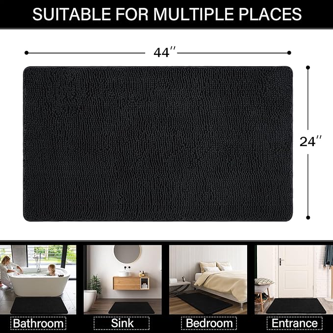 LOCHAS Luxury Bathroom Rug Shaggy Bath Mat 24 x 44 Inch, Washable Non Slip Bath Rugs for Bathroom Shower, Soft Plush Chenille Absorbent Carpets Mats, Black