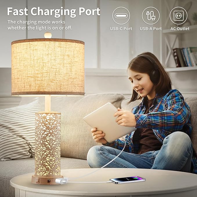 26" Farmhouse Table Lamp Dual Light, 3-Way Dimmable Touch Lamps, Rustic Nightstand Bedside Lamps with 2 USB Ports + AC Outlet, Modern Nightlight for Living Room Bedroom and Nightstand