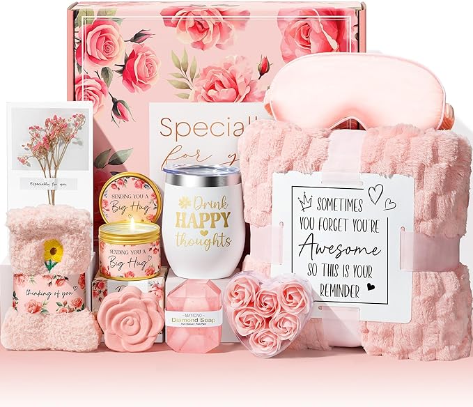 Birthday Gifts for Women Self Care Gift, Rose Spa Gift Baskets Bath Set Get Well Soon Care Package Valentines Day Gifts for Her Mom Women Sister Friend Wife Grandma Teacher Nurse w/ Blanket