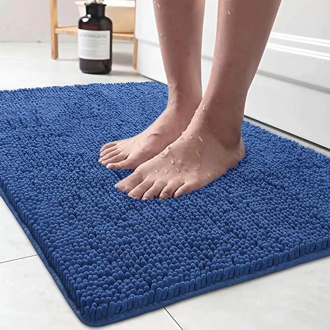 LOCHAS Luxury Bathroom Rug Shaggy Bath Mat 24 x 36 Inch, Washable Non Slip Bath Rugs for Bathroom Shower, Soft Plush Chenille Absorbent Carpets Mats, Blue