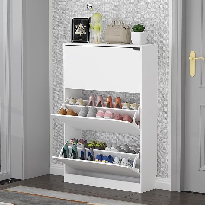 Shoe Cabinet with 3 Flip Drawers, 47" Slim Hidden Wood Shoe Storage Cabinet with Adjustable Shelf, Freestanding Narrow Shoe Rack Organizer for Entryway, Hallway, White