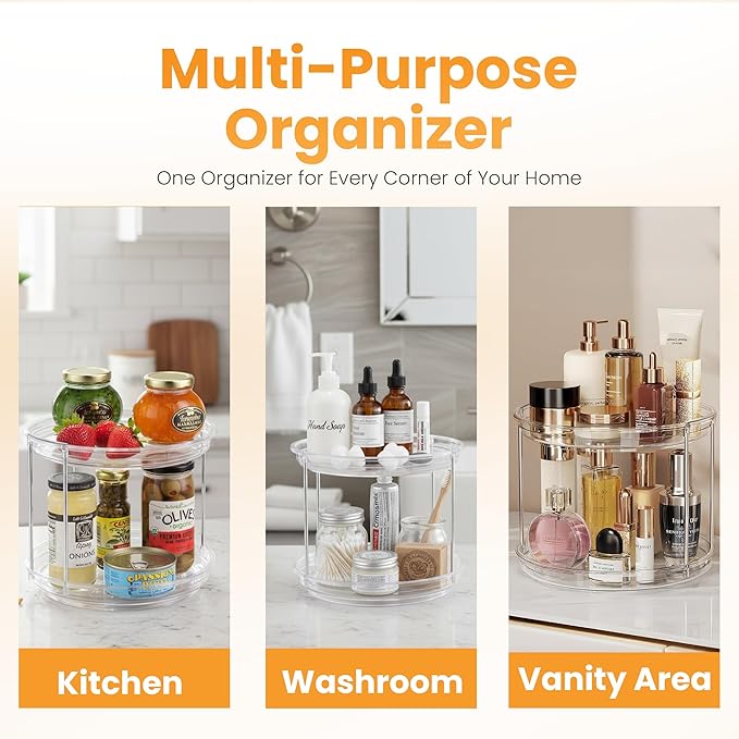 Oizeir Clear Two Tier Lazy Susan Organizer - Rotating Spice Rack Turntable for Kitchen Cabinet, Countertop, Bathroom or Dining Table. Spinning Carousel Racks for Counter and Pantry Cabinet Storage