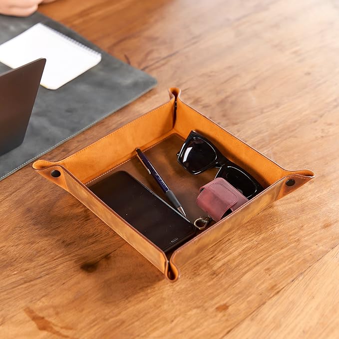 Handmade Leather Catch All Tray and Organizer for Keys, Phones, Jewels, Coins, Square - Small, Light Camel
