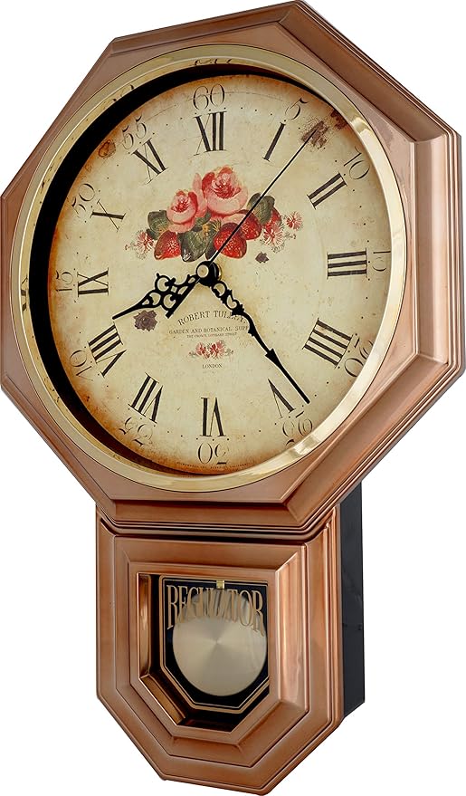 JUSTIME Traditional Schoolhouse Classic Vintage Rose Regulator Wall Clock, Chiming Wall Clocks with Pendulum & Westminster Chime Hourly, Schoolhouse Wall Decor Battery Operated (Vintage Copper)