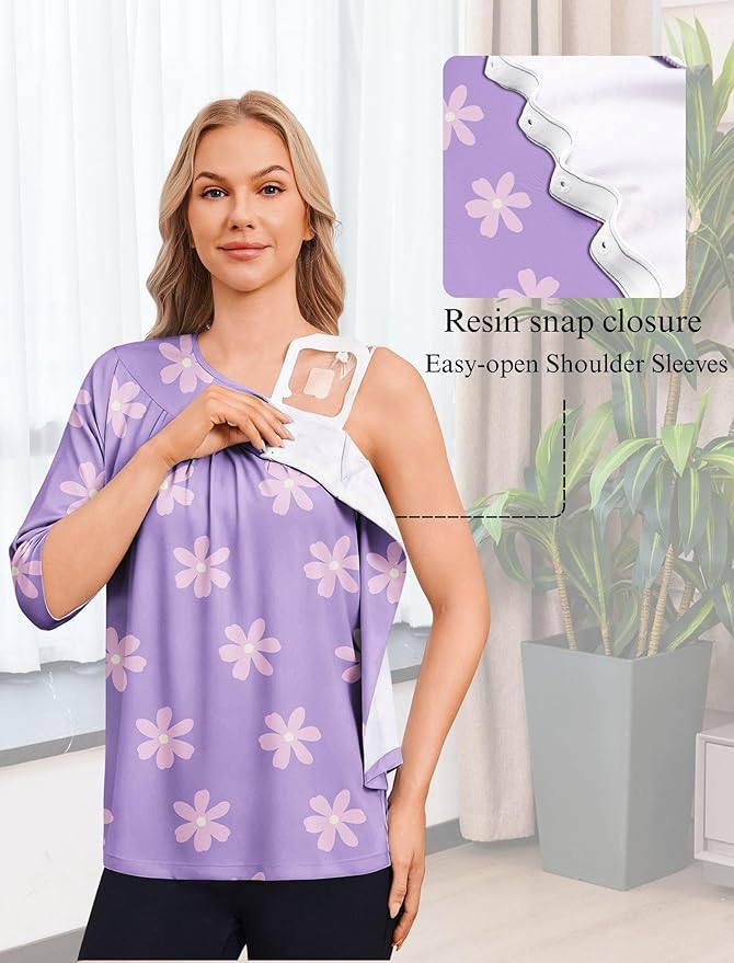 Deyeek Post Shoulder Surgery Shirt for Women Chemo Tear Away Shirt Snap Button 3/4 Sleeve Recovery Adaptive Clothing
