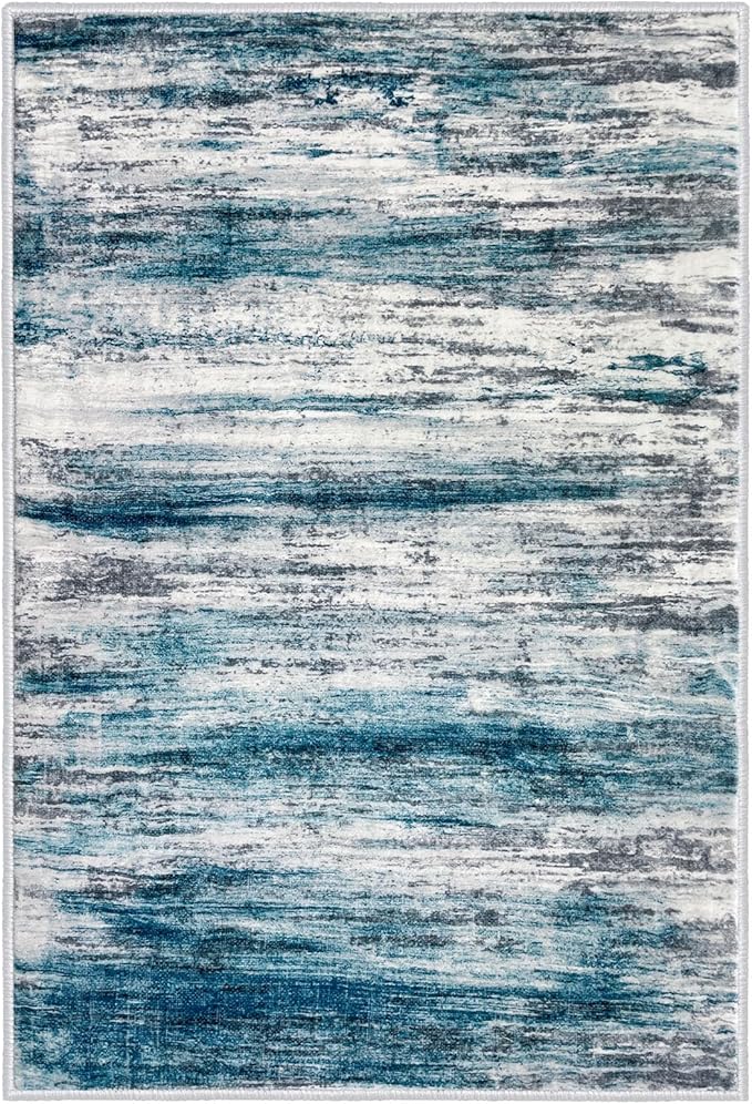 KOZYFLY Modern Abstract 3x5 Entryway Rug Non-Slip Washable Area Rug, Blue Throw Rugs Indoor Mat for High-Traffic Door Entrance, Kitchen, Laundry, Nursery, Soft Bedroom Living Room Accent