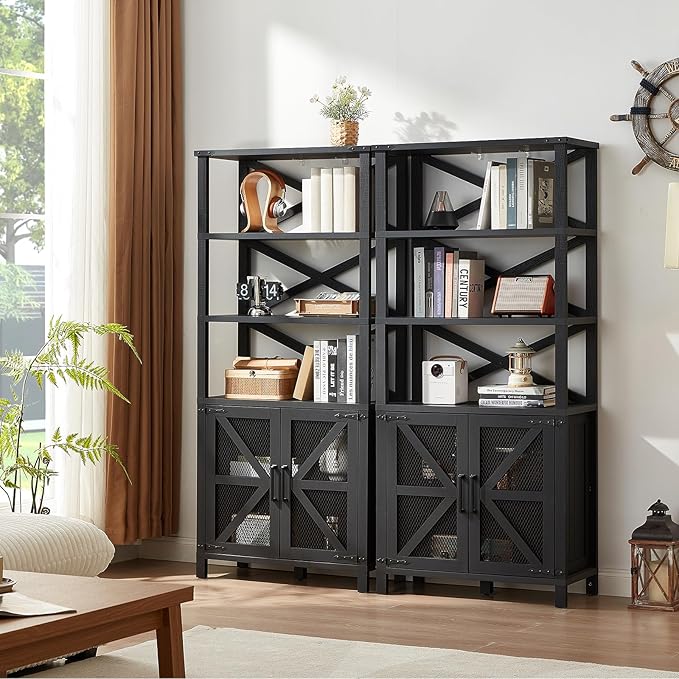 5 Tier Bookshelf 70" Tall Bookcase with Barn Doors,Large Farmhouse Display Book Shelf with Adjustable Shelves and Storage Cabinet， Wood Bookshelves for Living Room,Kitchen,Antique Black(2PCS)